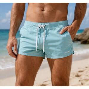 Rocorose Swim Trunks Light Blue Solid Polyester Spandex Beachwear XL